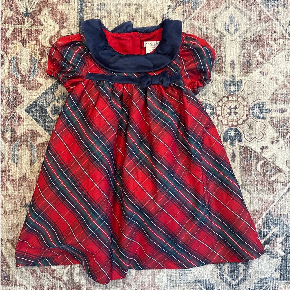 Max Studio red Christmas‎ plaid blue velvet collar short sleeve dress SIZE 24M